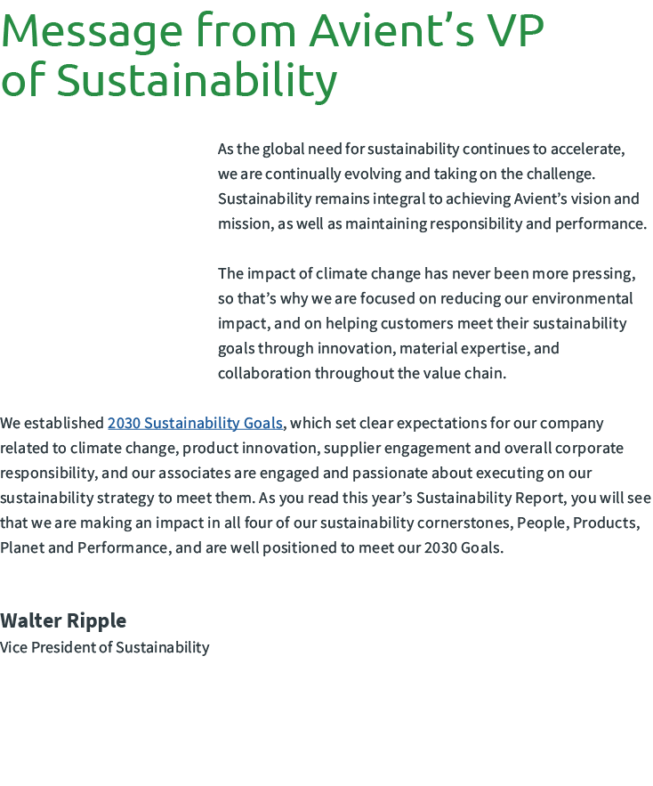 Message from Avient’s VP of Sustainability As the global need for sustainability continues to accelerate, we are con...