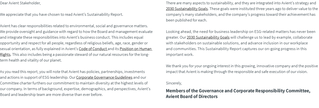 Dear Avient Stakeholder, We appreciate that you have chosen to read Avient’s Sustainability Report. Avient has clear ...